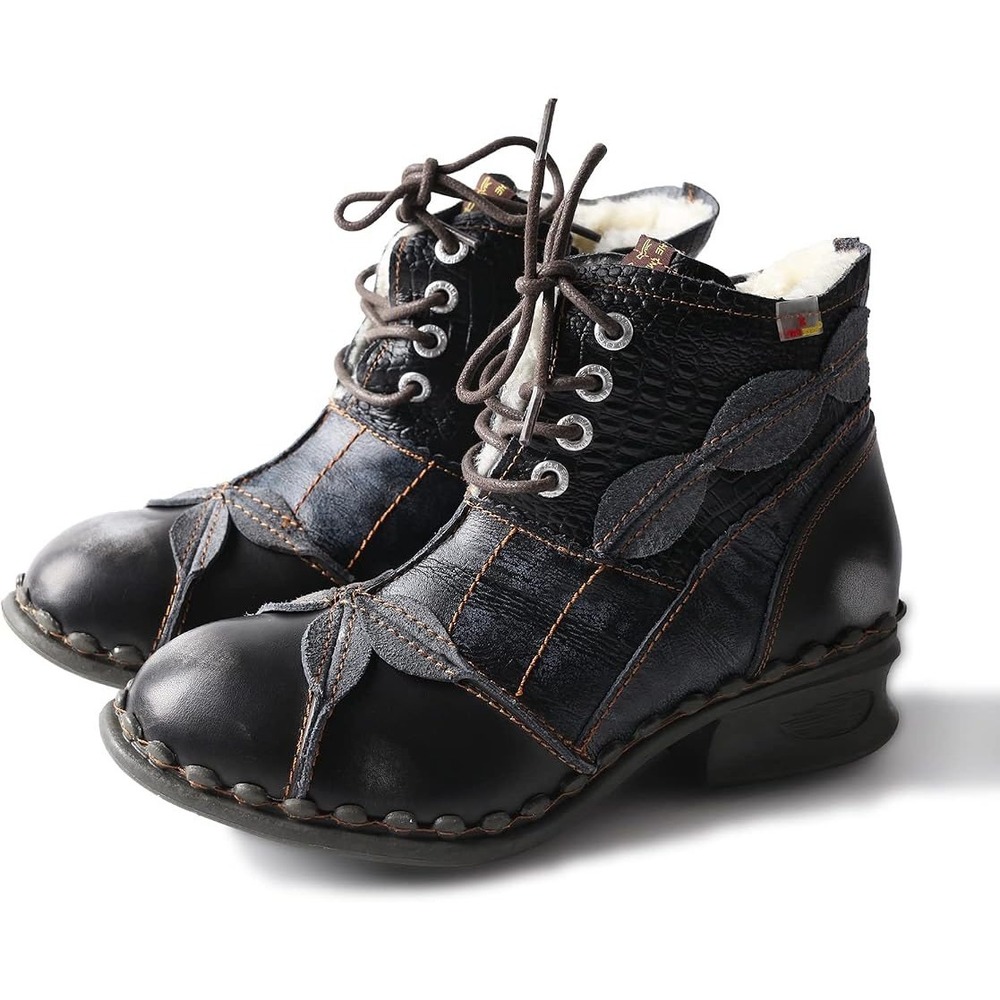 NEW TMA Eyes Black Textured Leather Patchwork Ankle Boots Lace Up Side Zipper 9